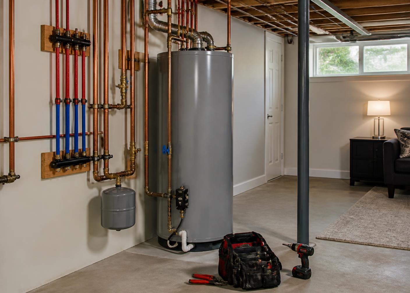 Copper and PEX plumbing pipes with water heater in a Canadian basement