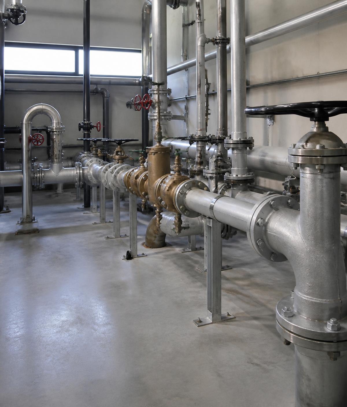 Commercial building mechanical room with steel plumbing pipes and valves