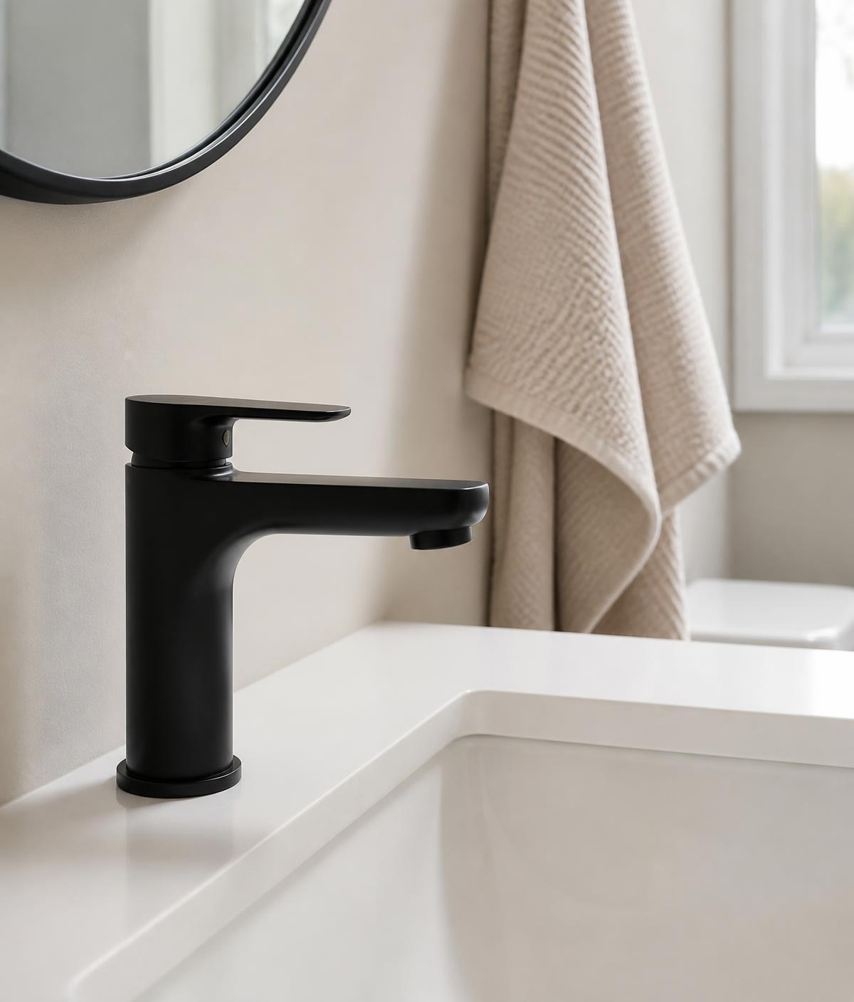 Modern matte black faucet in a renovated Canadian bathroom