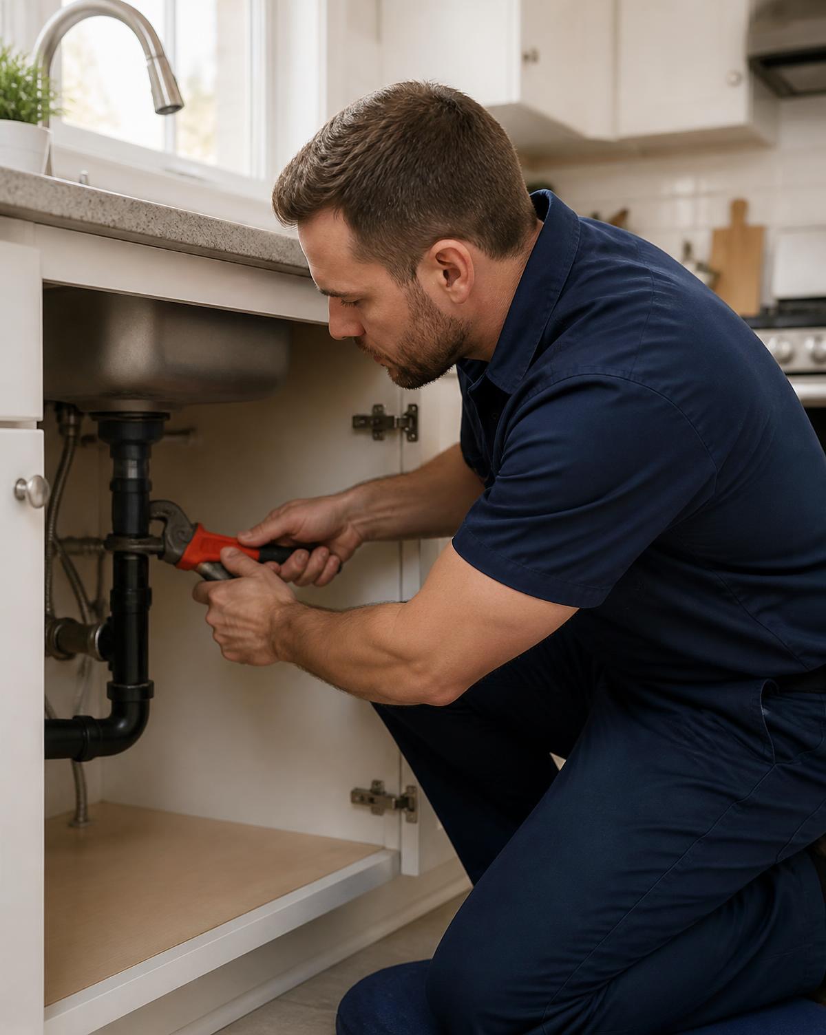 Plumber repairing residential kitchen sink plumbing in St. Catharines